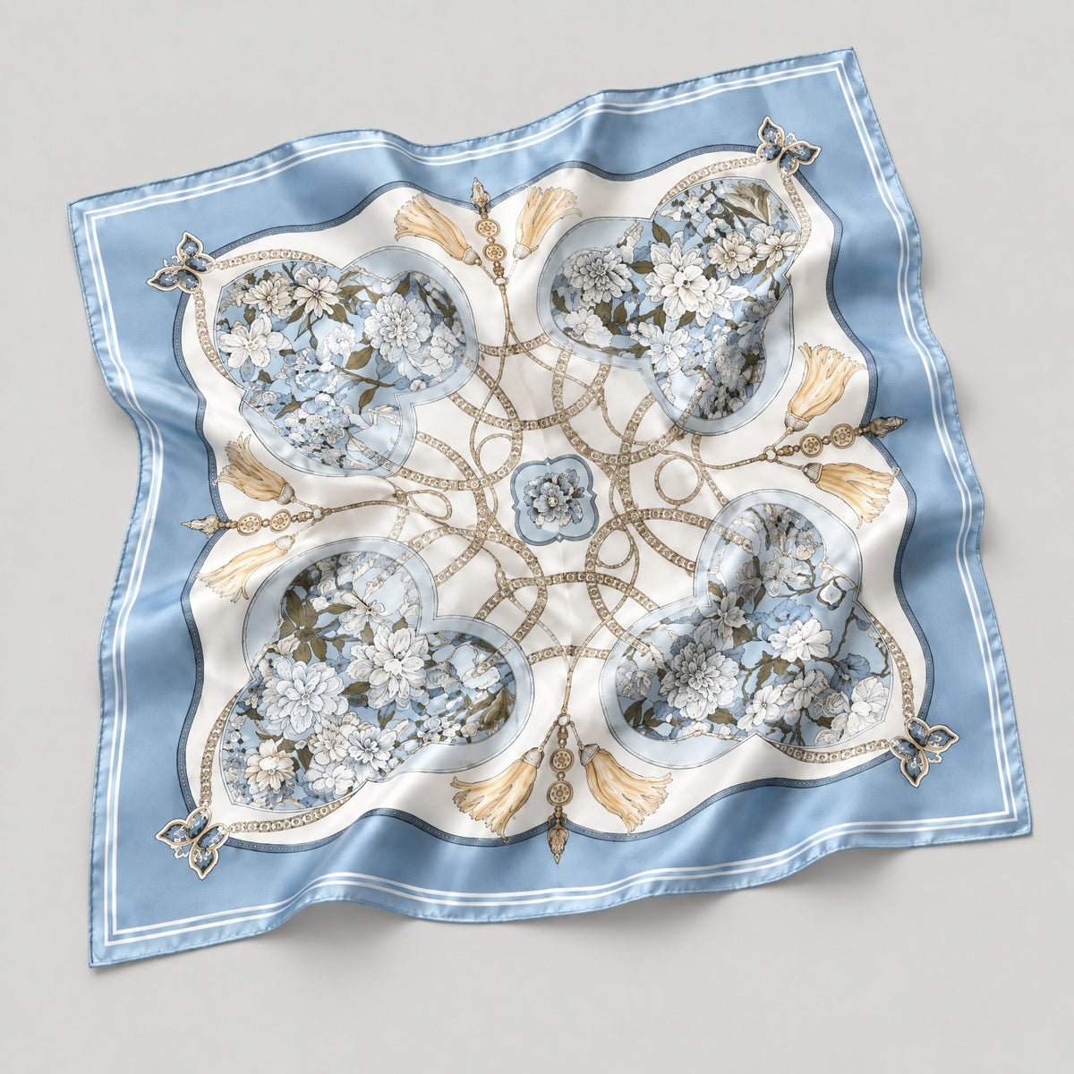Pale Blue Flowers Mulberry Silk Square Scarf – 34 x 34 in