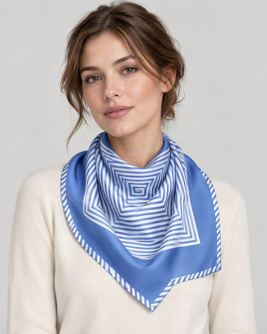 Blue Stripe Mulberry Silk Square Scarf – 27 in, worn tied at the neck over a cream top
