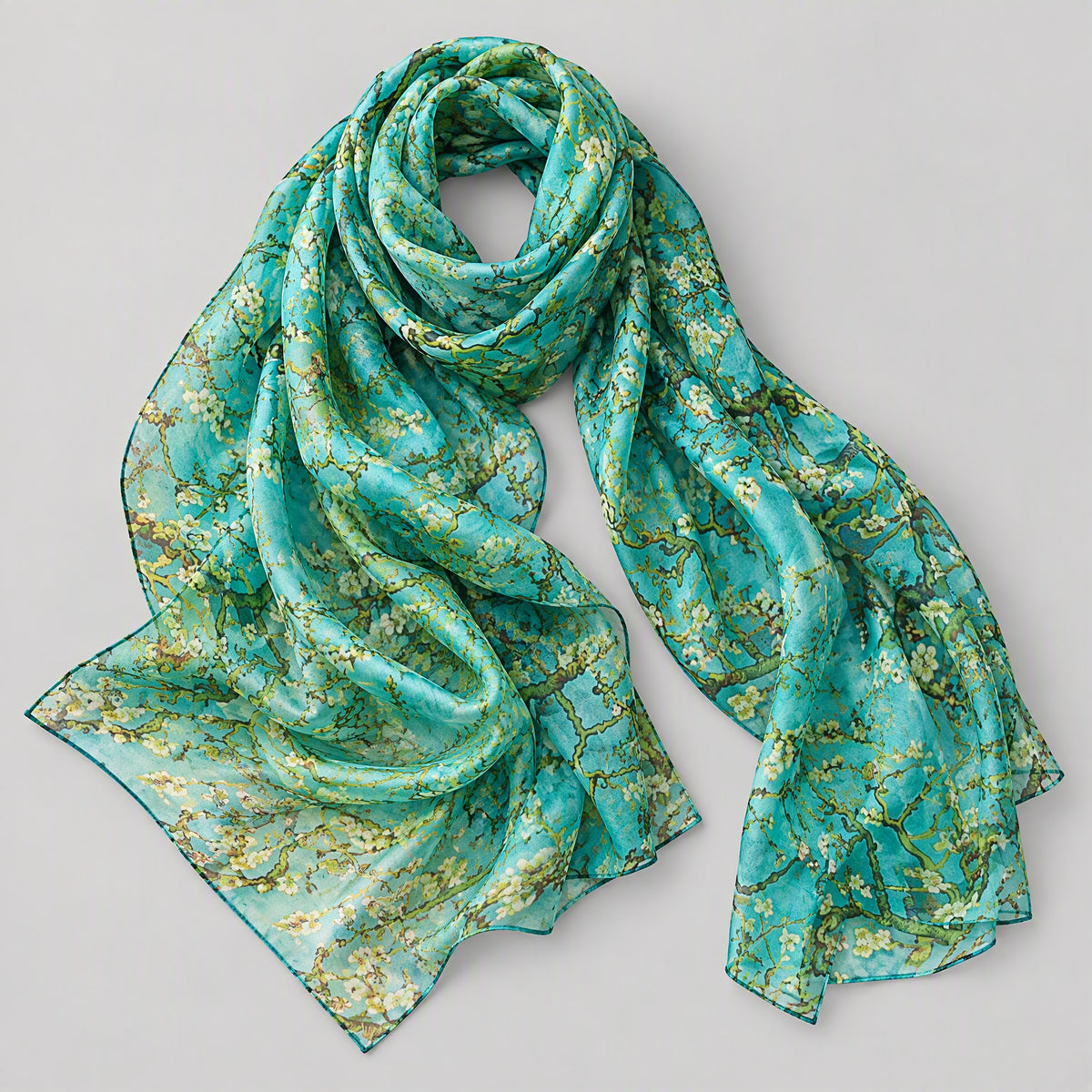Blue Green Plum Branch Mulberry Silk Scarf – 69 x 43 in