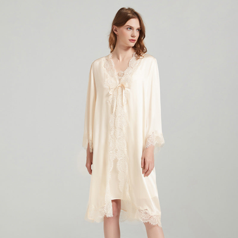 Lace Tie 100% Mulberry Silk Robe & Camisole Set – Romantic V-Neck Loungewear