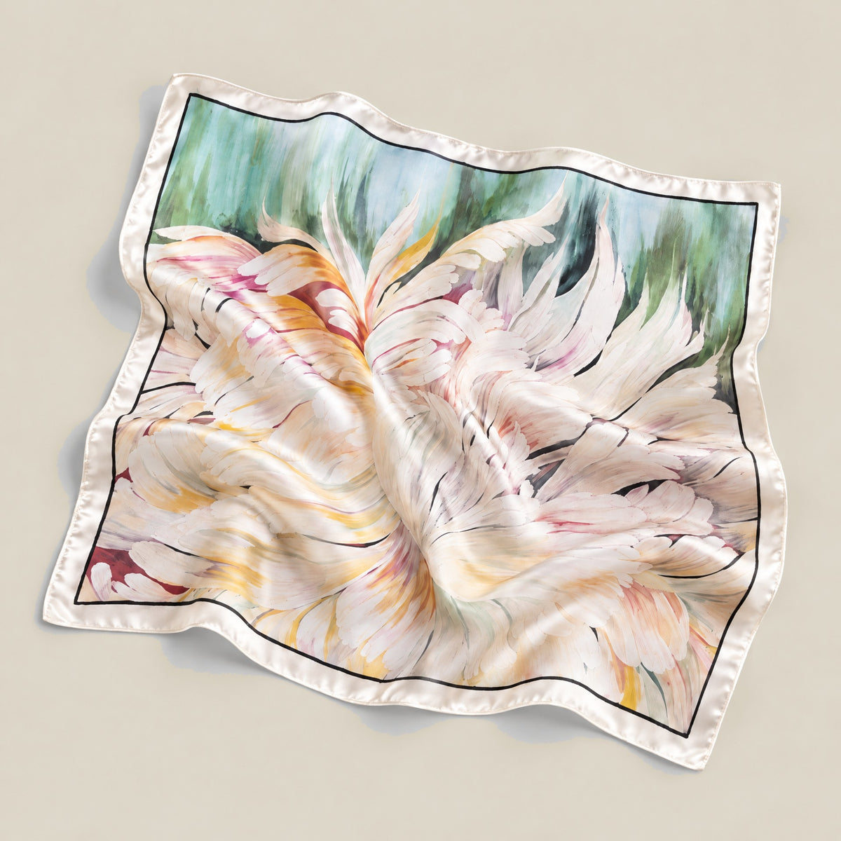 Elegant Lily mulberry silk square scarf detail showing silk texture and print