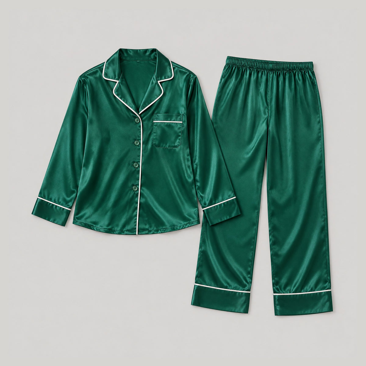 19 Momme Long Sleeve 100% Mulberry Silk Pajama Set – Button-Up with Contrast Piping
