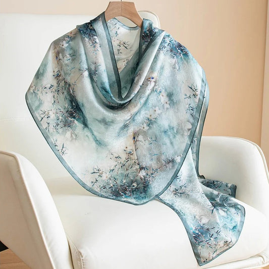 Long 100% Mulberry Silk Scarf – Floral Print Pashmina Wrap, 22 x 67 in, Gift Boxed