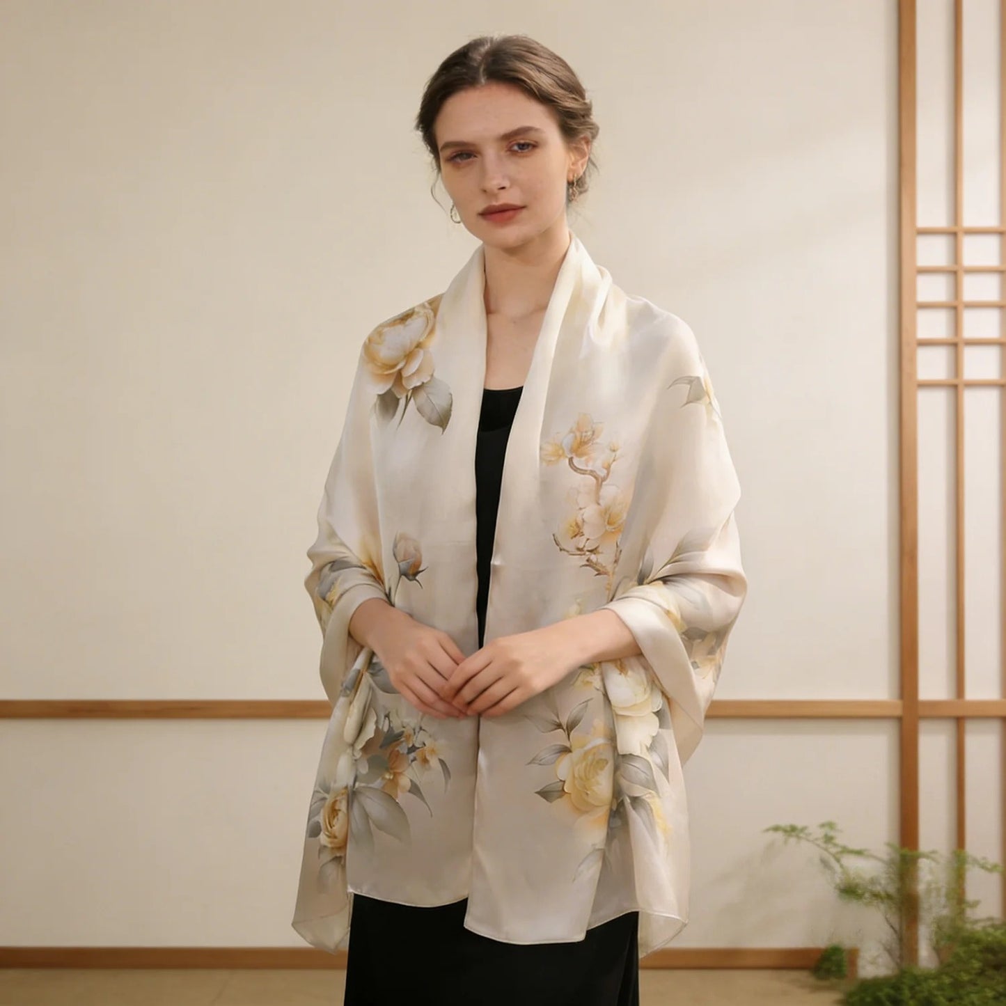Long 100% Mulberry Silk Scarf – Floral Print Lightweight Shawl, 22 x 68 in