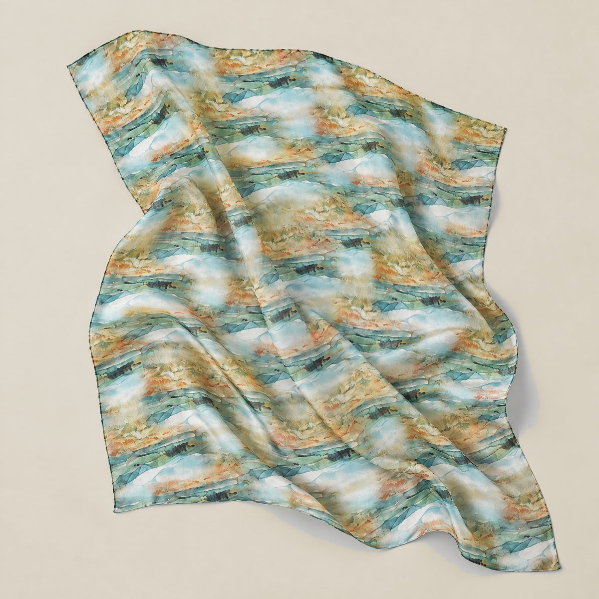 Oil painting rice field landscape mulberry silk scarf detail showing silk texture and print