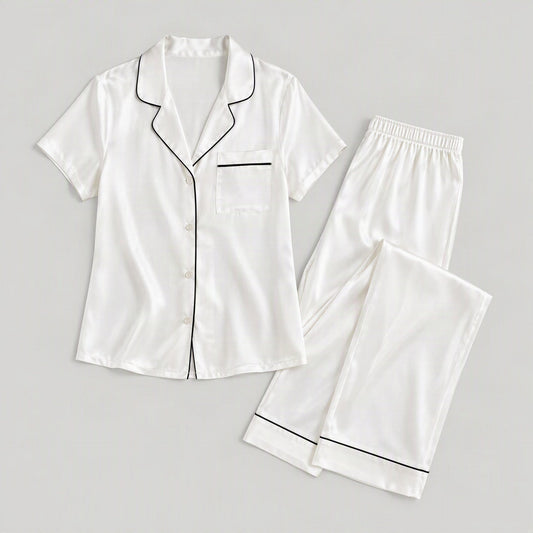 Mulberry silk pajama set laid flat, full garment view