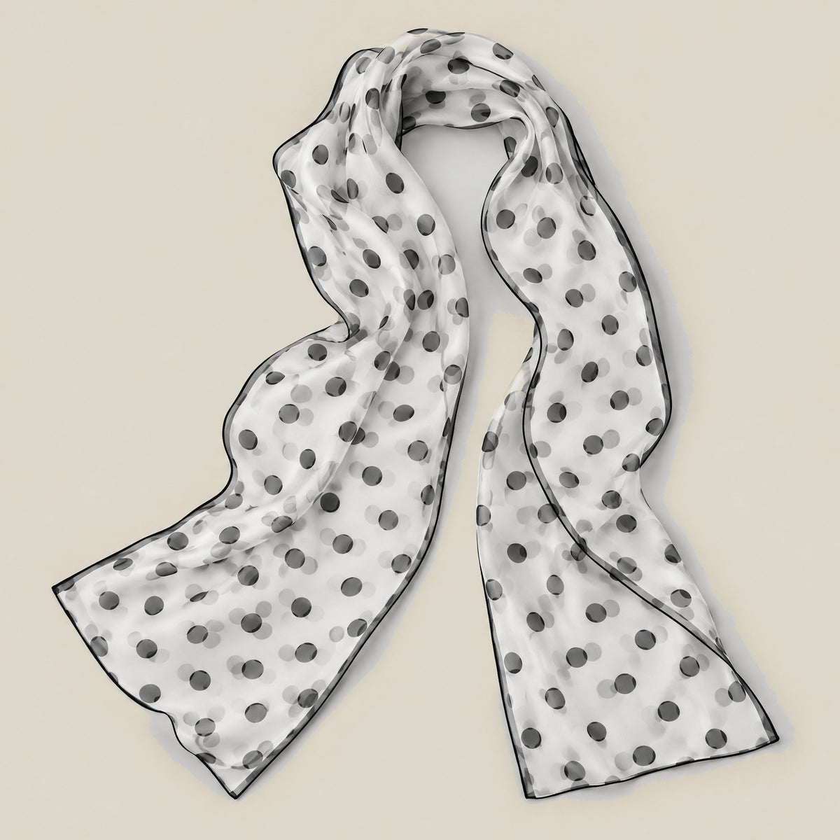 Black polka dot mulberry silk long scarf detail showing silk texture and print