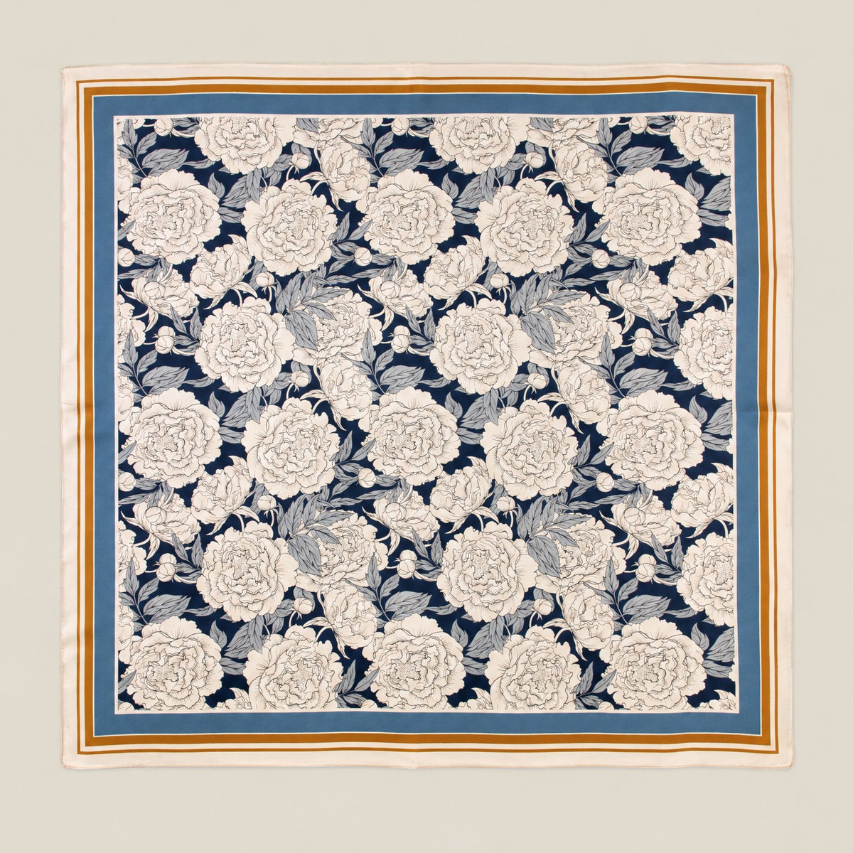 Gray Blue Edge Floral mulberry silk square scarf, 26 x 26 in