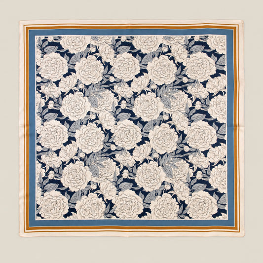 Gray Blue Edge Floral mulberry silk square scarf, 26 x 26 in