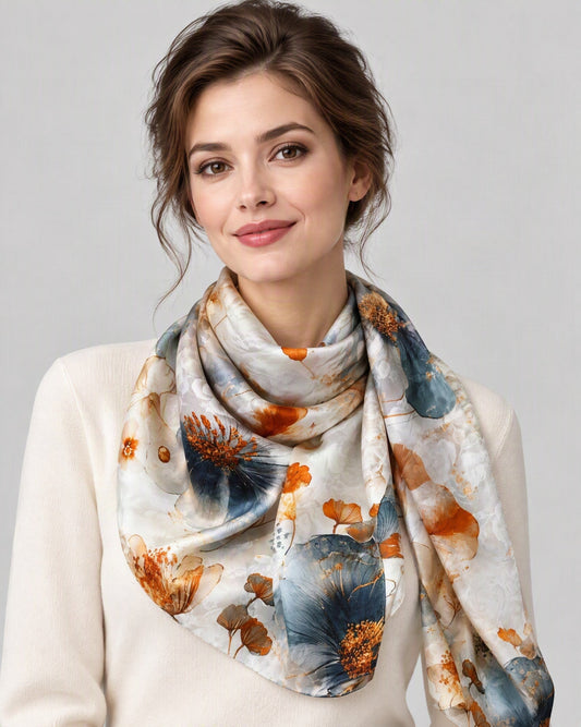 Gilded Florals Jacquard Mulberry Silk Scarf – 21 x 67 in, worn tied at the neck over a cream top