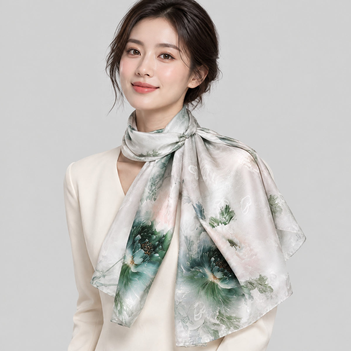 Ink Jade Blossoms Jacquard Mulberry Silk Scarf – 21 x 67 in