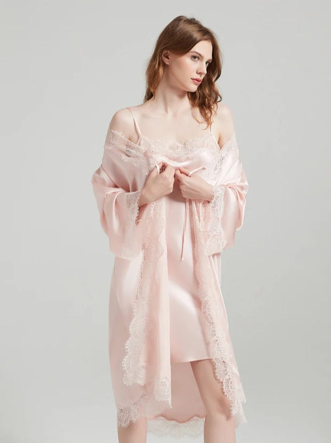 Lace-Trim 100% Mulberry Silk Robe & Camisole Set – Women's Sleepwear Loungewear