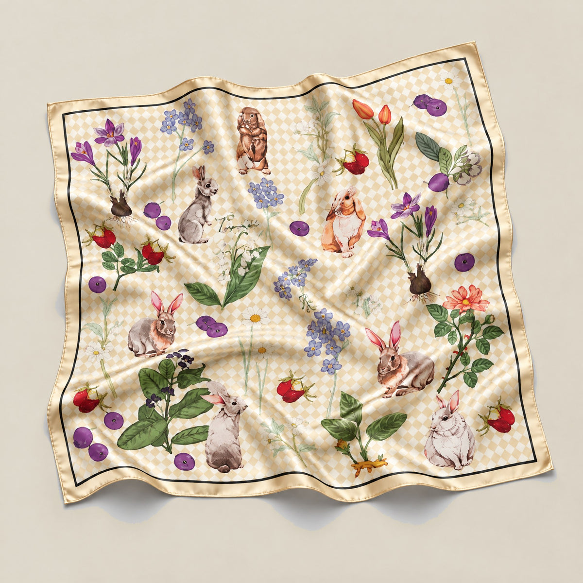 Light Khaki Cartoon mulberry silk square scarf detail showing silk texture and print