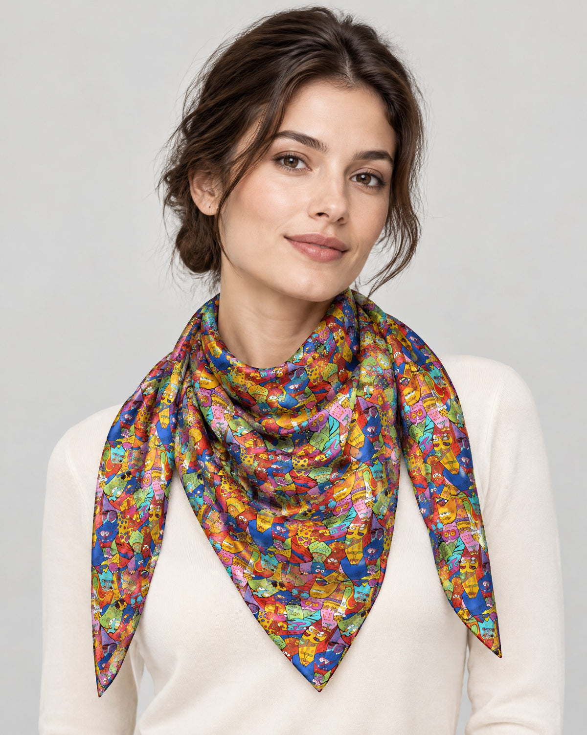 Playful Cat Mulberry Silk Oversized Scarf – 69 x 43 in