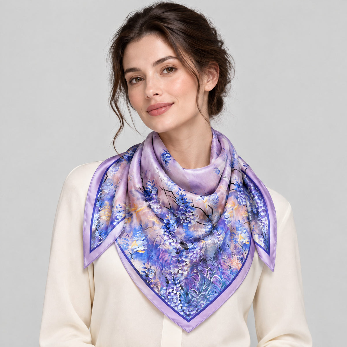 Wisteria Cluster Mulberry Silk Square Scarf – 21 x 21 in
