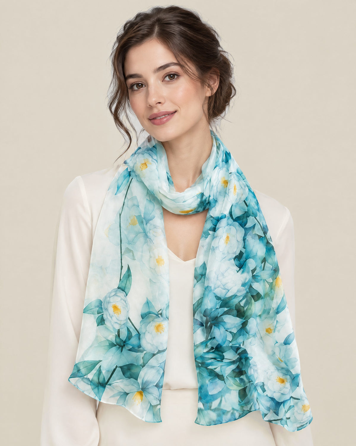 Woman wearing Blue green camellia mulberry silk scarf, 22 x 67 in