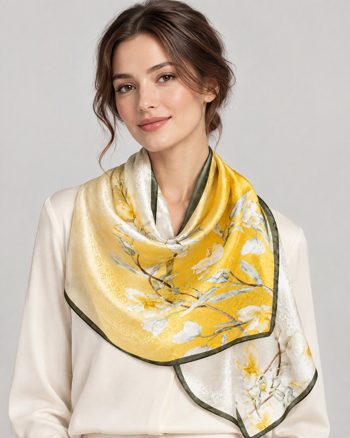Warm Yellow Branches Mulberry Silk Long Scarf – 22 x 67 in