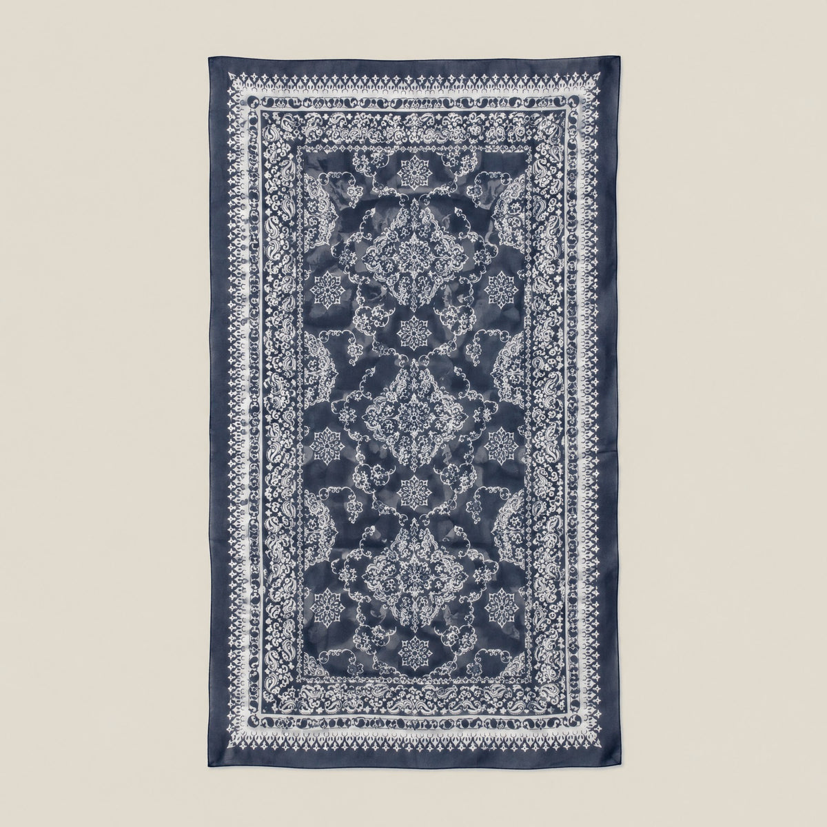 Navy vintage print mulberry silk scarf, 69 x 43 in