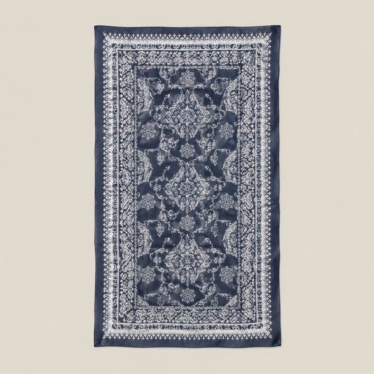 Navy vintage print mulberry silk scarf, 69 x 43 in