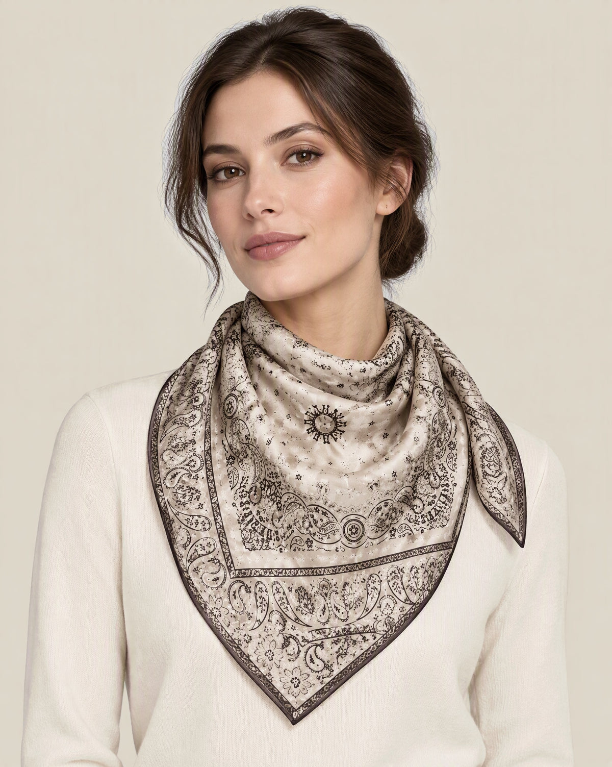 Woman wearing Grey beige paisley mulberry silk square scarf