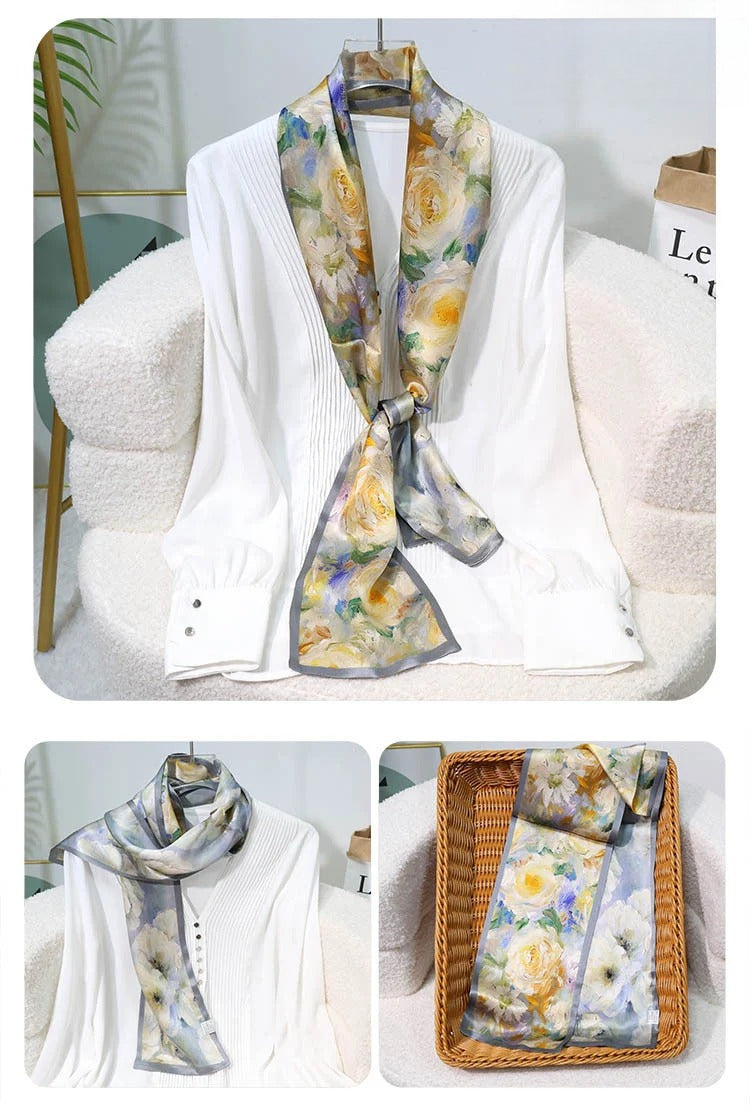 Slim 100% Mulberry Silk Scarf – Printed Lightweight Shawl, 6 x 59 in