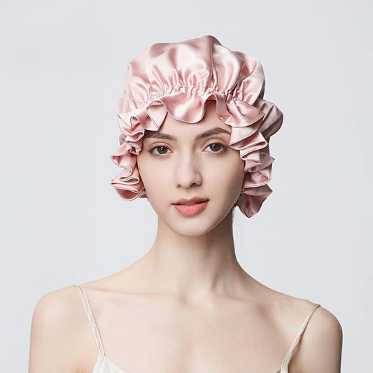 Sakura Pink 19 momme mulberry silk ruffle edge sleep cap