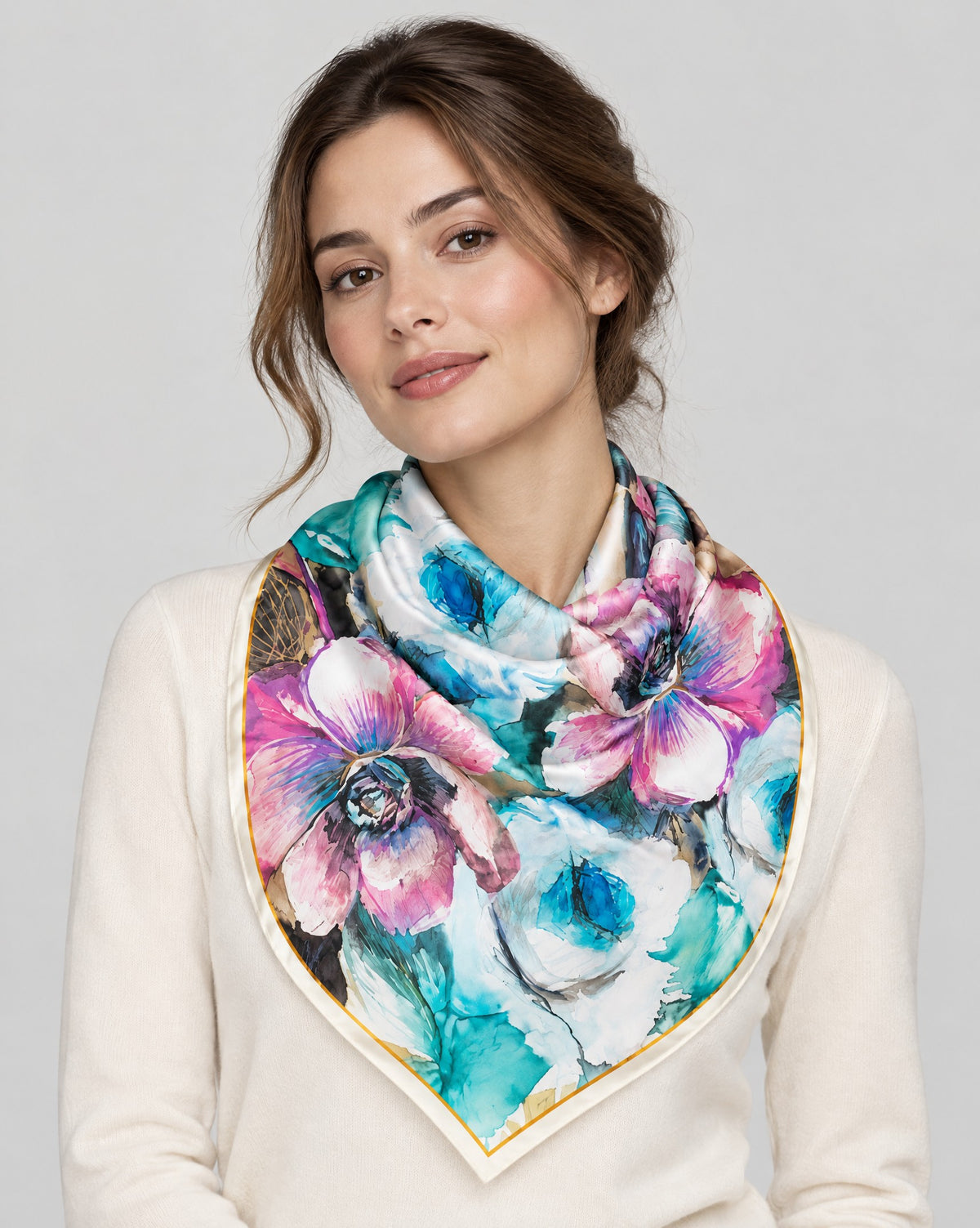 Colorful Large Floral Mulberry Silk Square Scarf – 21 x 21 in