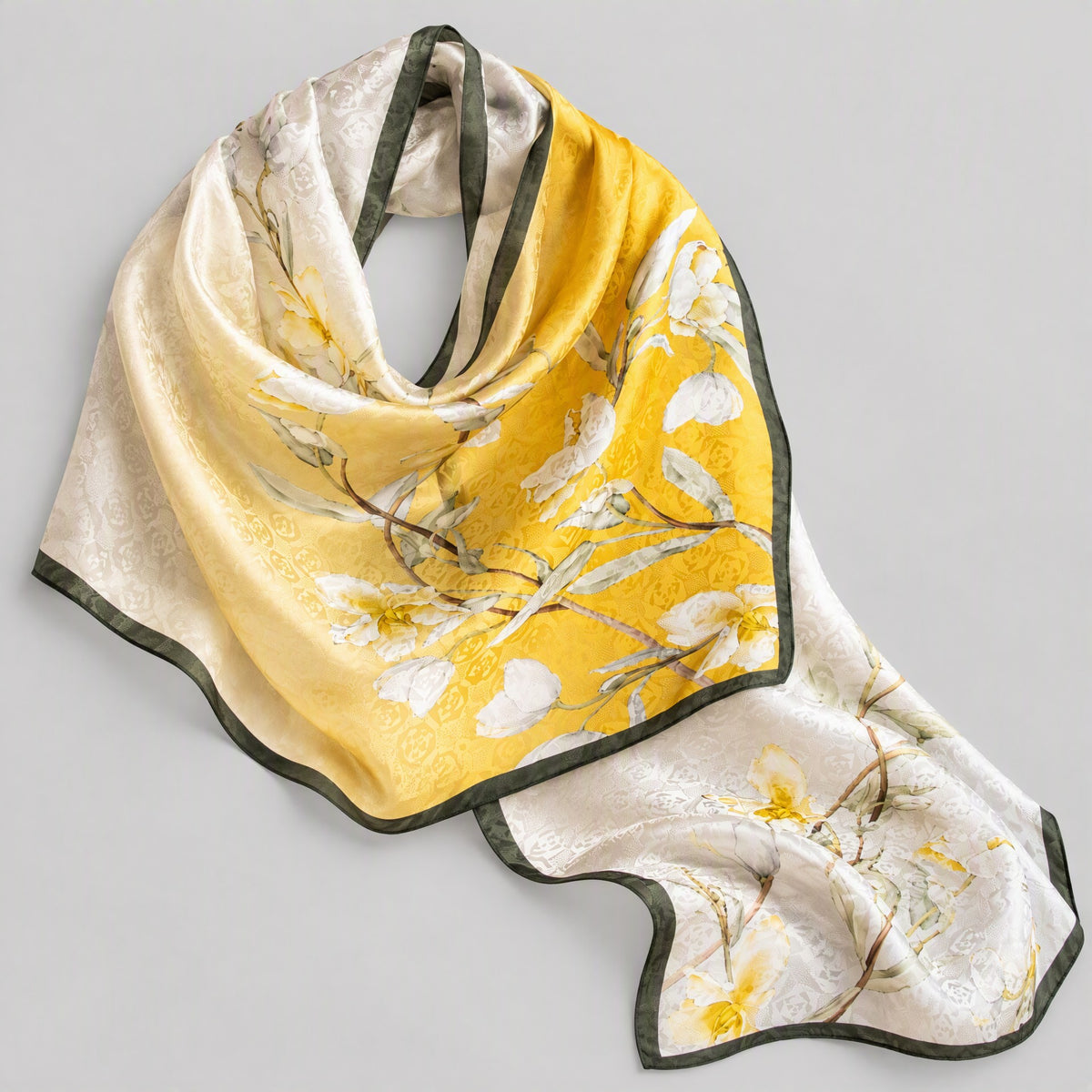 Warm Yellow Branches Mulberry Silk Long Scarf – 22 x 67 in