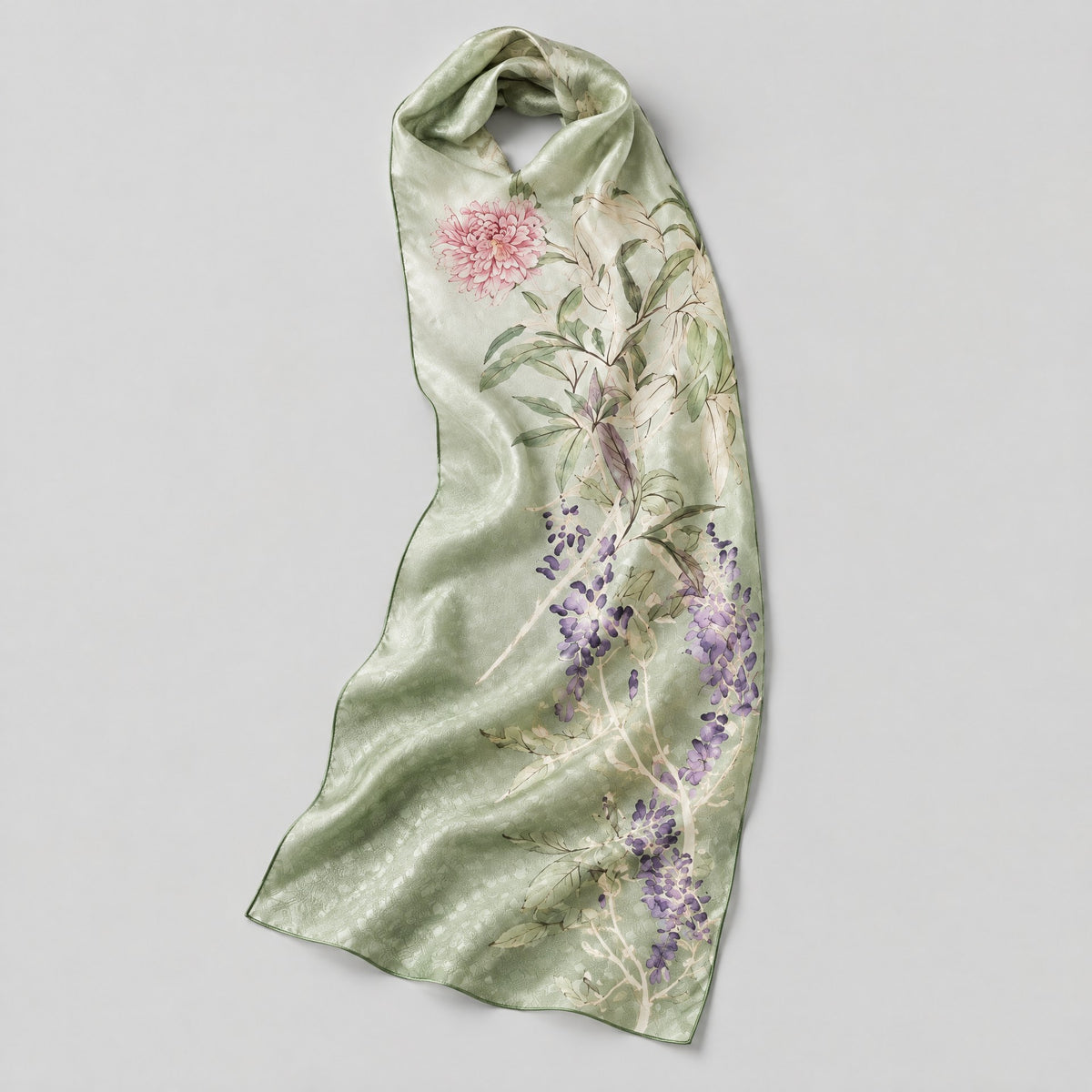 Green Peony Mulberry Silk Long Scarf – 22 x 67 in
