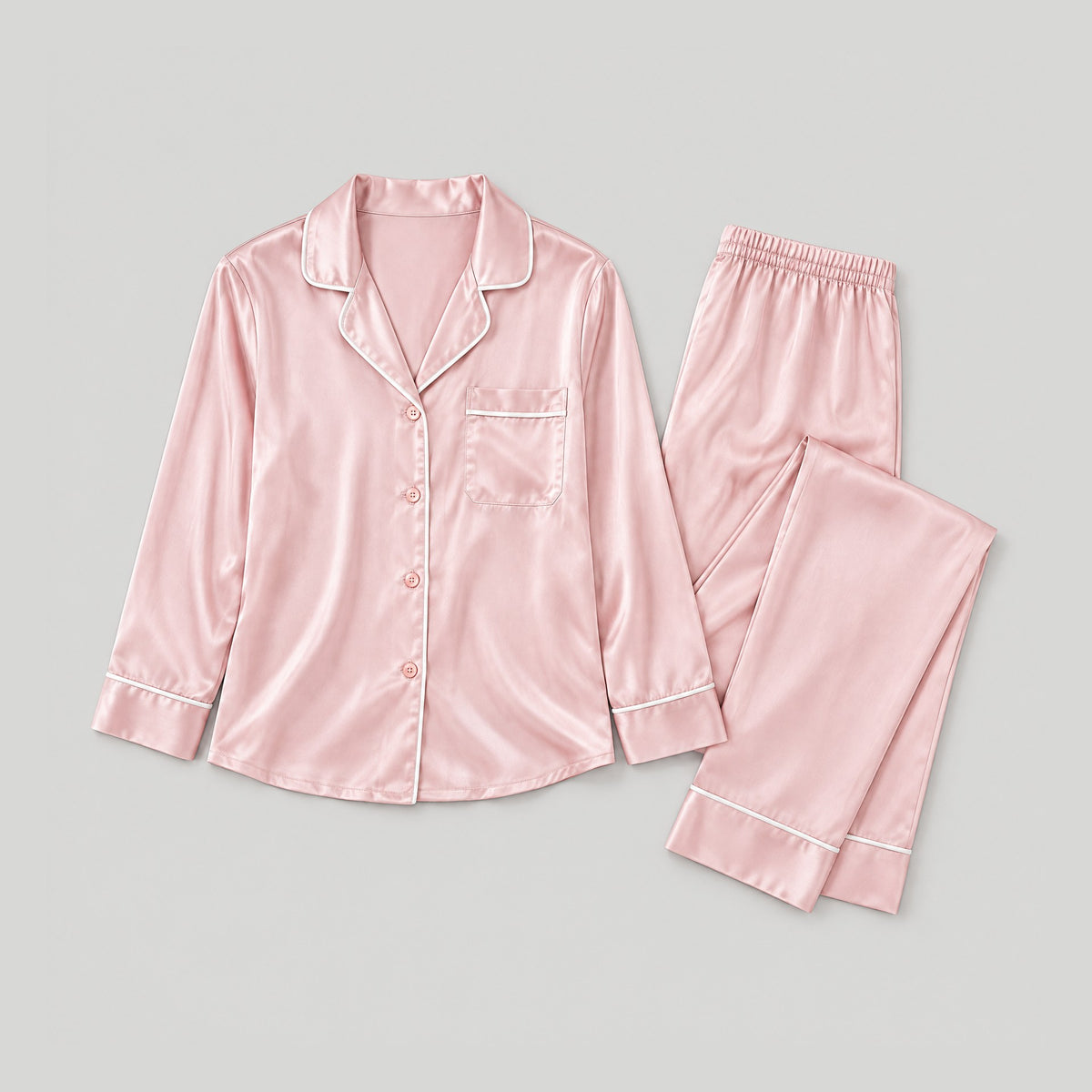 30 Momme Long Sleeve 100% Mulberry Silk Pajama Set – Button-Up with Contrast Piping