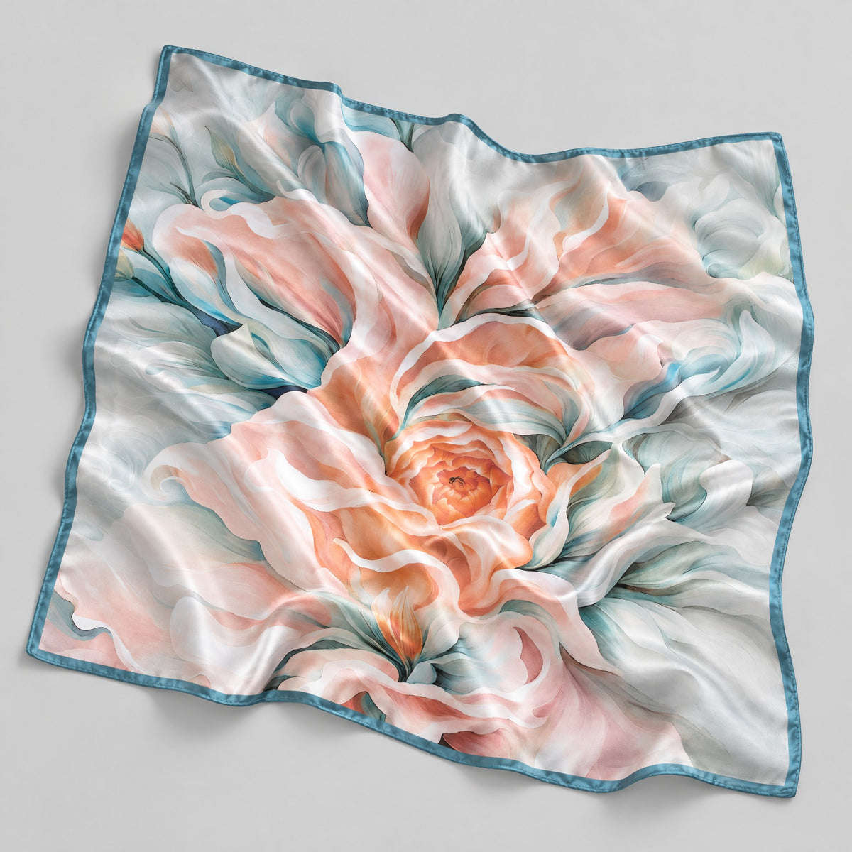 Blue Edge Peony Mulberry Silk Square Scarf – 26 x 26 in