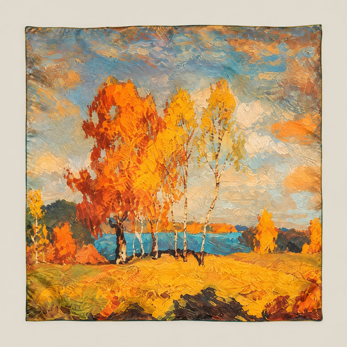 Golden Falling Leaves mulberry silk square scarf