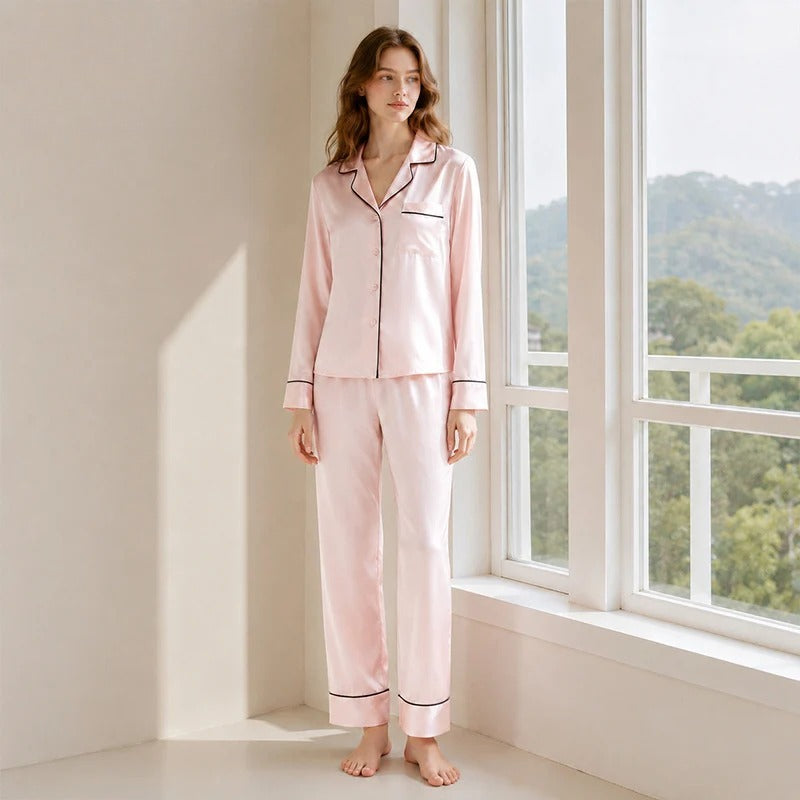 19 Momme Long Sleeve 100% Mulberry Silk Pajama Set – Button-Up with Contrast Piping