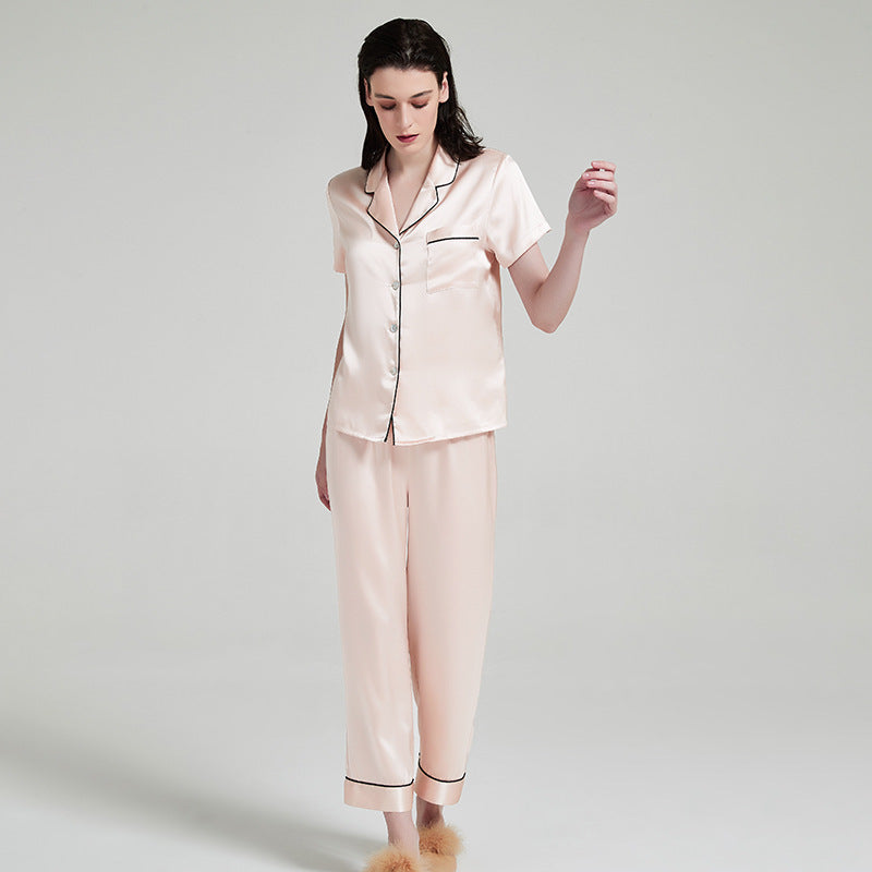 Sweet Lotus Pink 19 momme mulberry silk short sleeve pajama set with long pants
