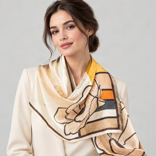 Yellow Trim Rose Mulberry Silk Long Scarf – 22 x 67 in, worn tied at the neck over a cream top