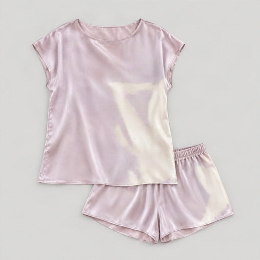 Mulberry silk pajama set laid flat, full garment view