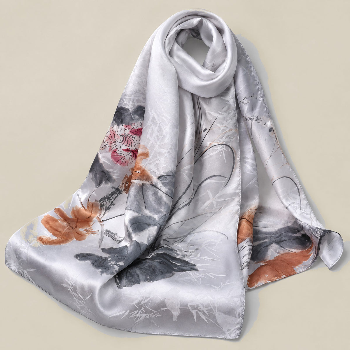 Plum Bamboo Harmony jacquard mulberry silk scarf detail showing silk texture and print