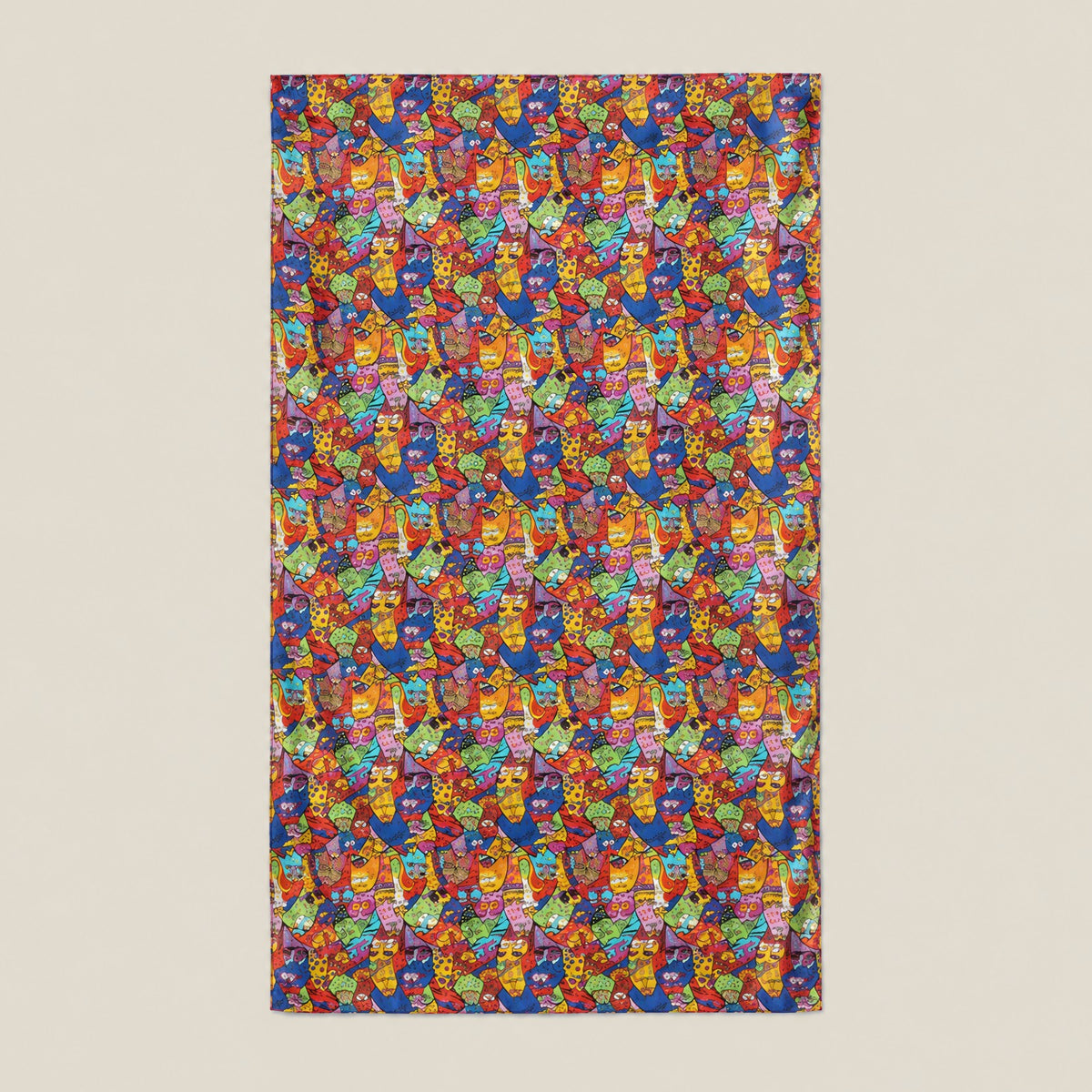 Yellow blue playful cat mulberry silk scarf