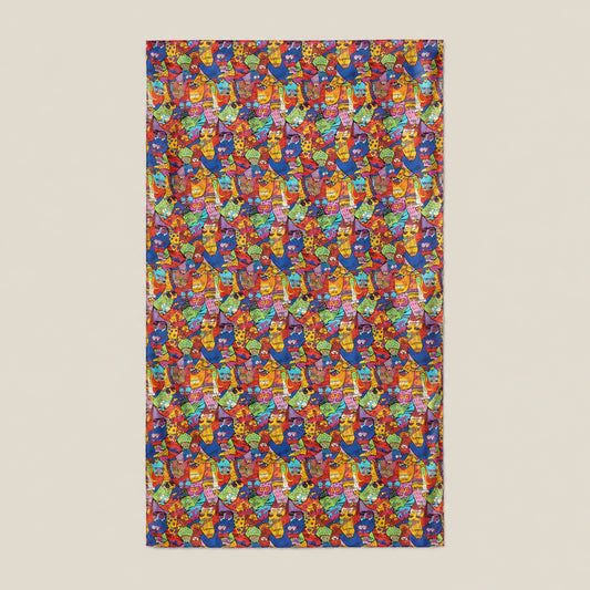 Yellow blue playful cat mulberry silk scarf