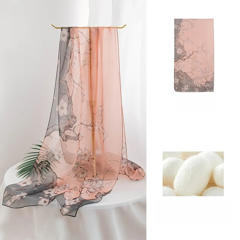Long 100% Mulberry Silk Scarf – Botanical Print Lightweight Shawl, 16 x 63 in