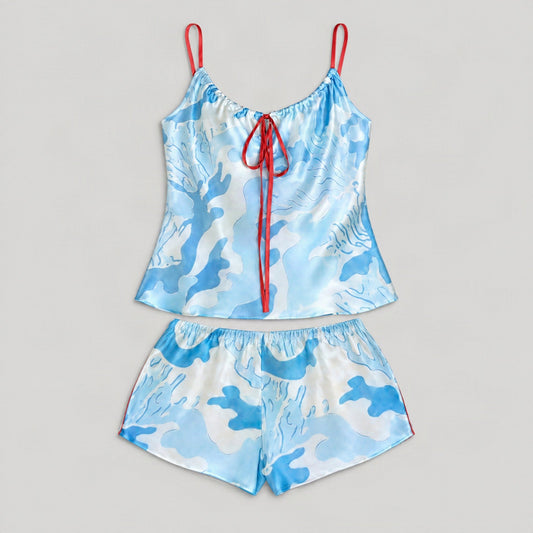 Mulberry silk pajama set laid flat, full garment view