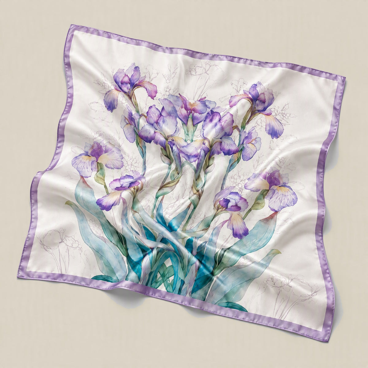 Purple Narcissus mulberry silk square scarf detail showing silk texture and print