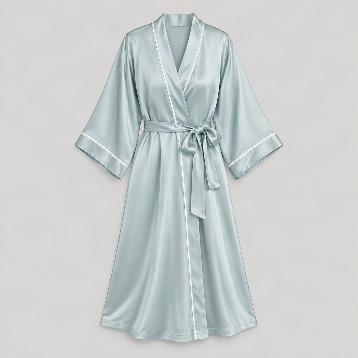 Sage blue mulberry silk long robe with white piping and a tie belt, shown on its own