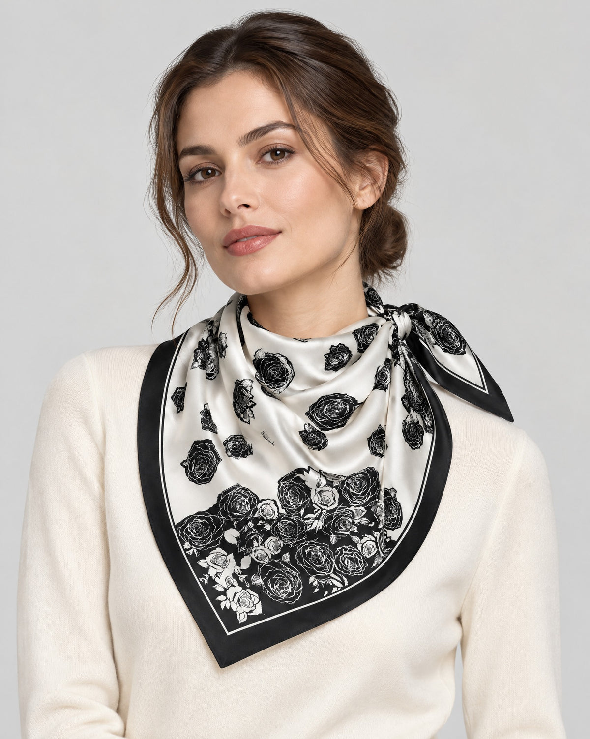 Black White Rose Mulberry Silk Square Scarf – 21 x 21 in