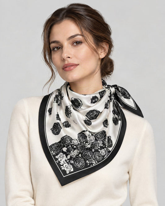 Black White Rose Mulberry Silk Square Scarf – 21 x 21 in, worn tied at the neck over a cream top
