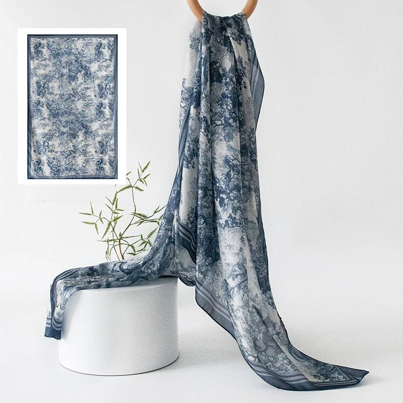 Long 100% Mulberry Silk Scarf – Bohemian Floral Lightweight Shawl, 43 x 69 in