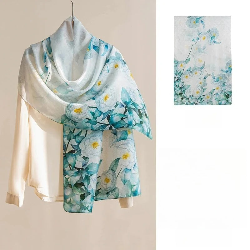 Square & Long 100% Mulberry Silk Scarf – Floral Print Lightweight Shawl, 34 x 34 in