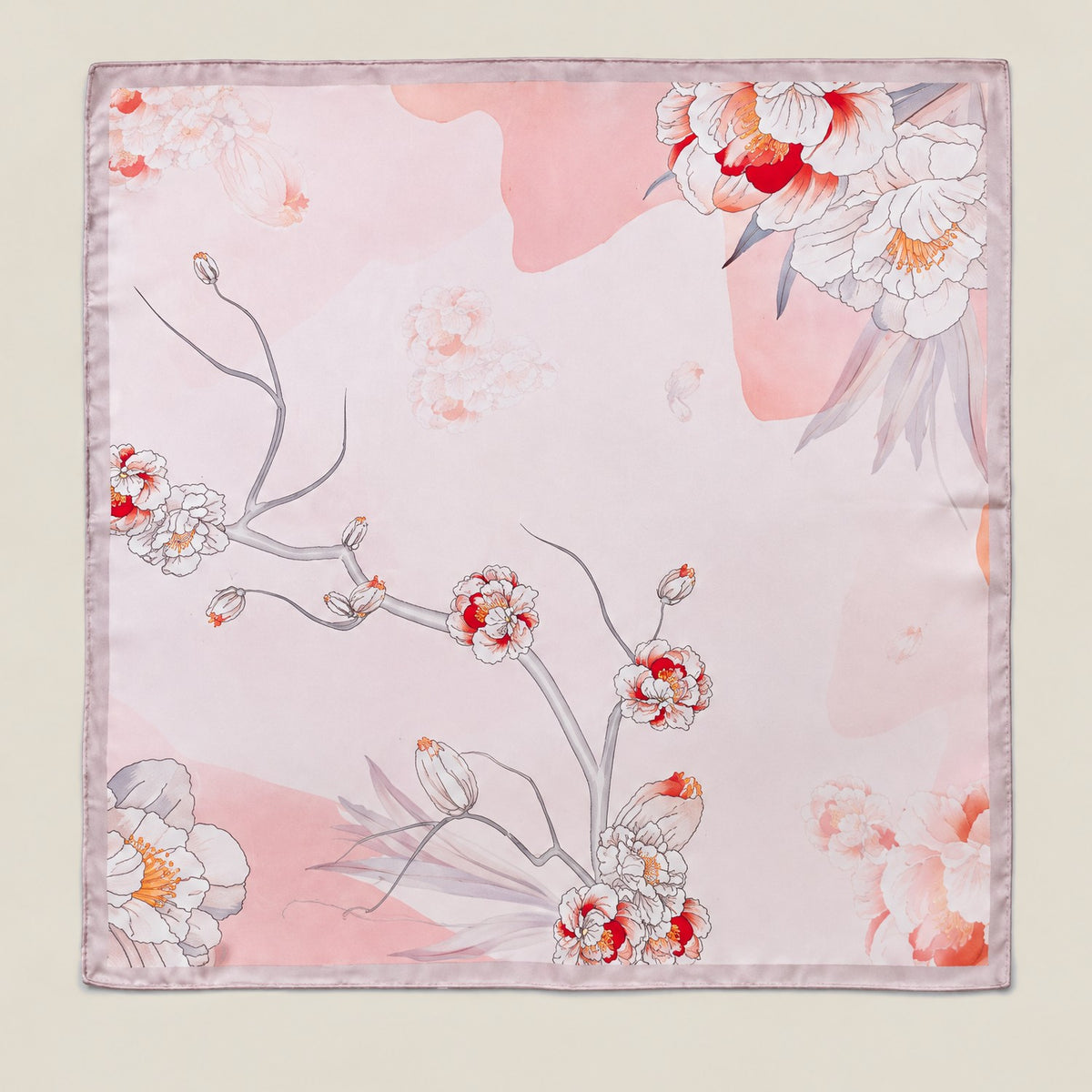 Light pink camellia mulberry silk square scarf