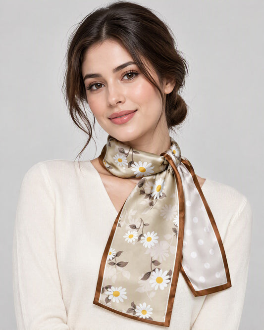 Sunny Daisy Slim Mulberry Silk Scarf – 6 x 59 in