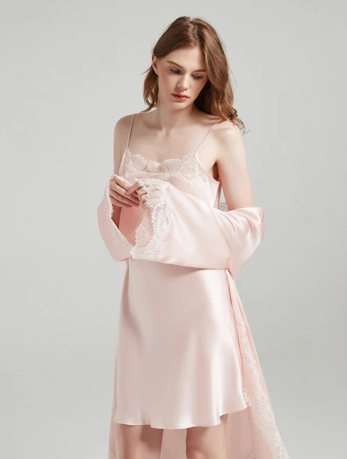 Lace-Trim 100% Mulberry Silk Robe & Camisole Set – Women's Sleepwear Loungewear